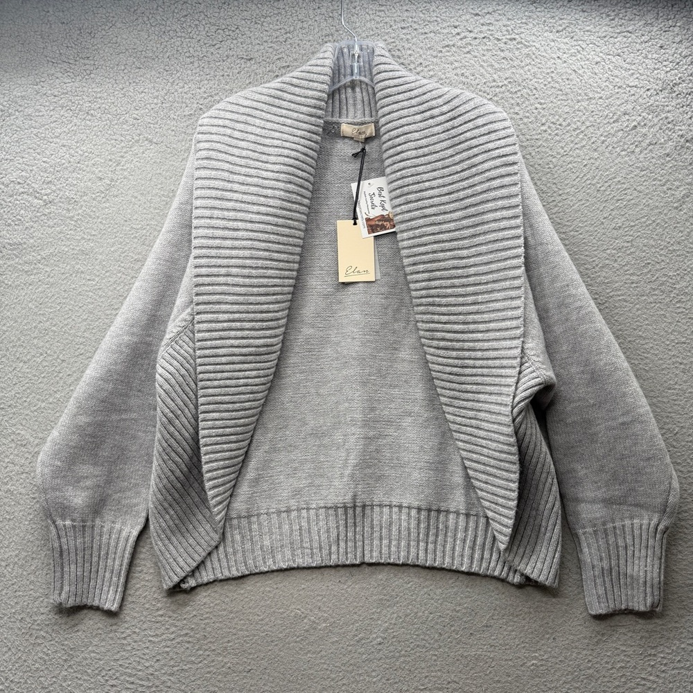Elan Gray Ribbed Shawl Neck Knitted Open Front Sweater Cardigan Women’s L Read
